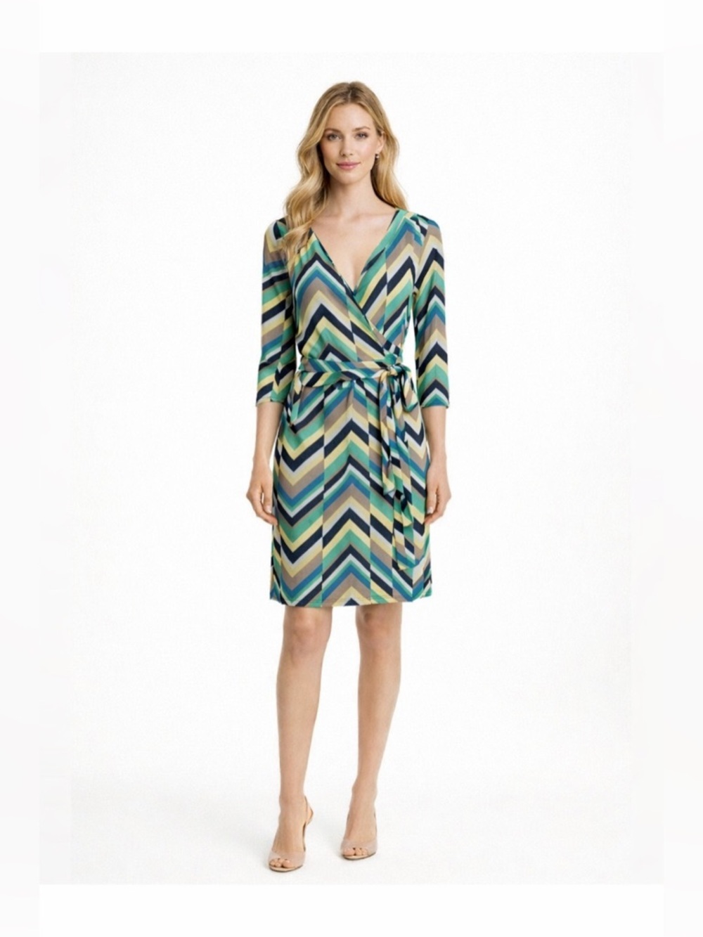 Striped Chevron Wrap Dress in Teal and Navy